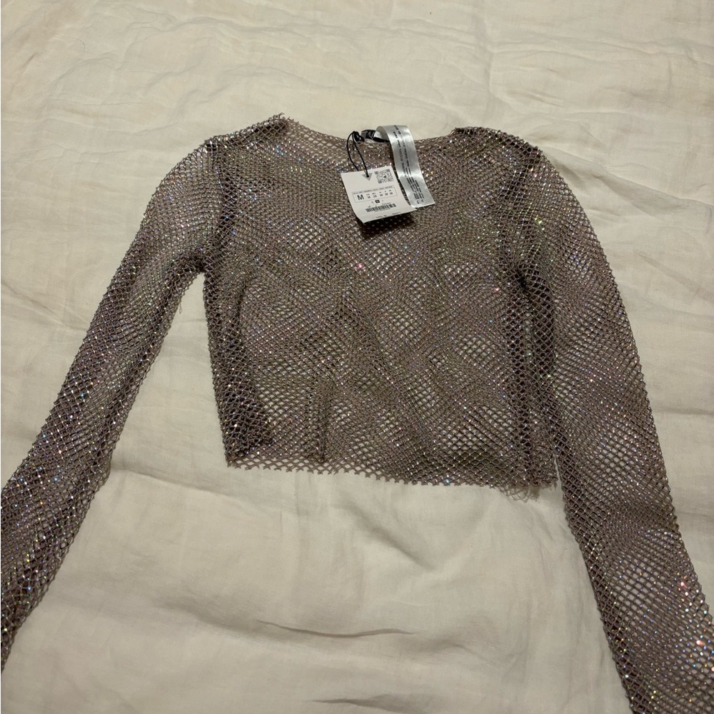 Zara Iridescent Mesh Top in Tan